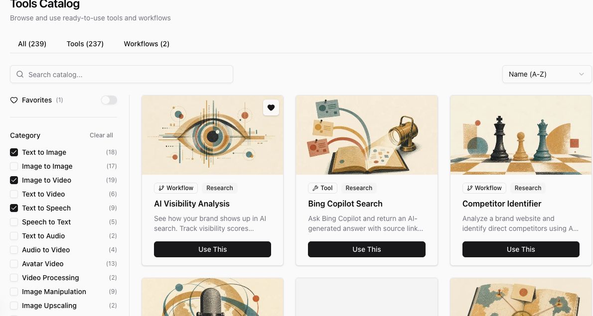 Catalog category filters selected for image, video, speech, and research AI Tools.