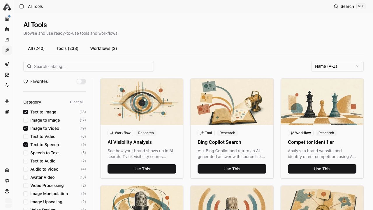 AI Tools catalog with category filters selected for image, video, speech, and research workflows.