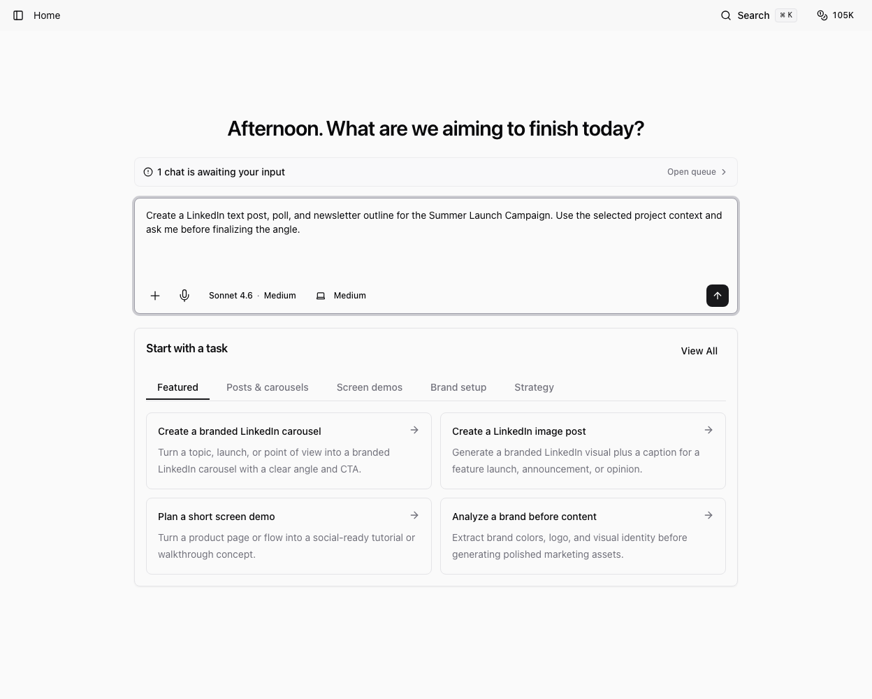 Ampere composer filled with a request for a LinkedIn post, poll, and newsletter outline.