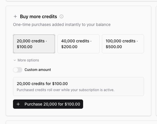 Buy more credits card with the 20,000 credit top-up selected