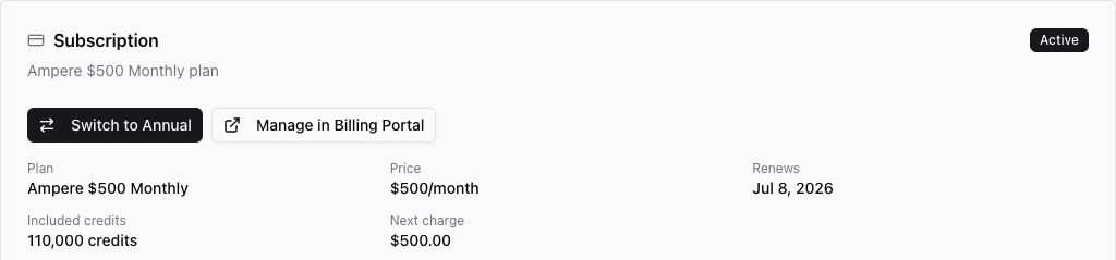 Subscription card showing the active monthly plan with Switch to Annual and Manage in Billing Portal actions.