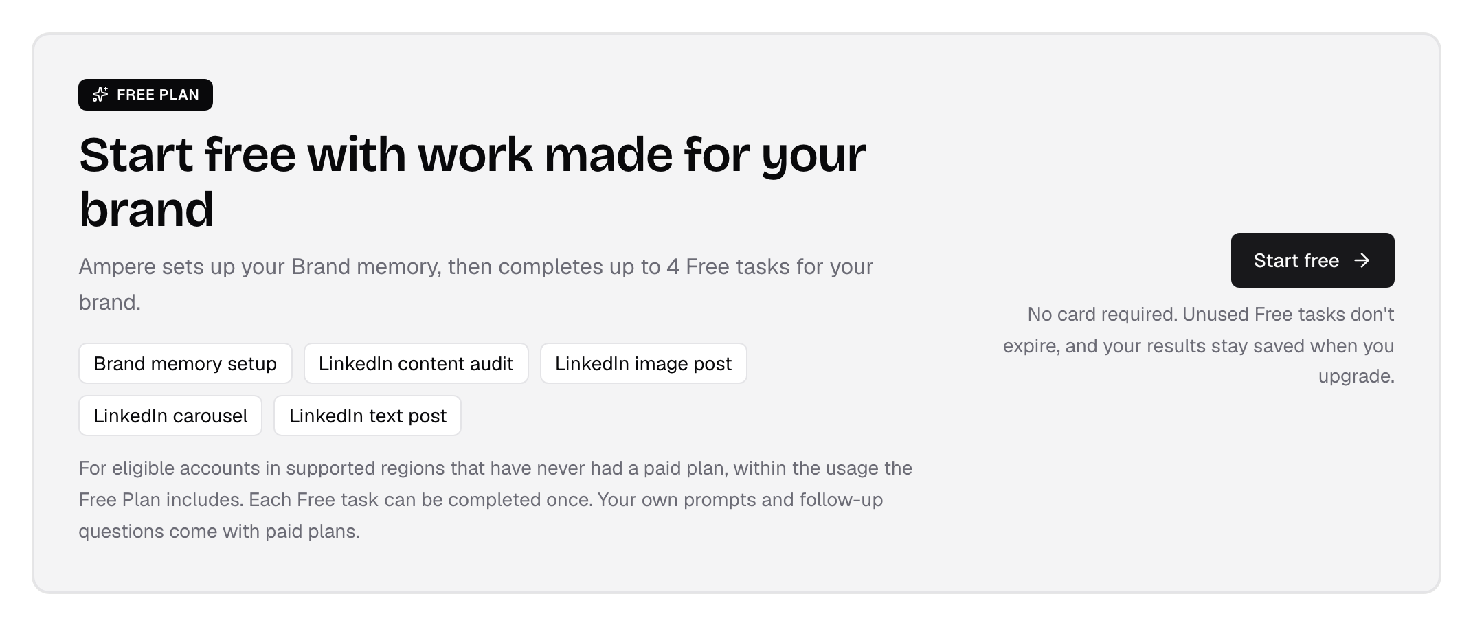 Free Plan section of the Ampere pricing page, headed Start free with work made for your brand, showing chips for Brand memory setup and the four Free tasks (LinkedIn content audit, LinkedIn image post, LinkedIn carousel, and LinkedIn text post), a Start free button, and a No card required note.