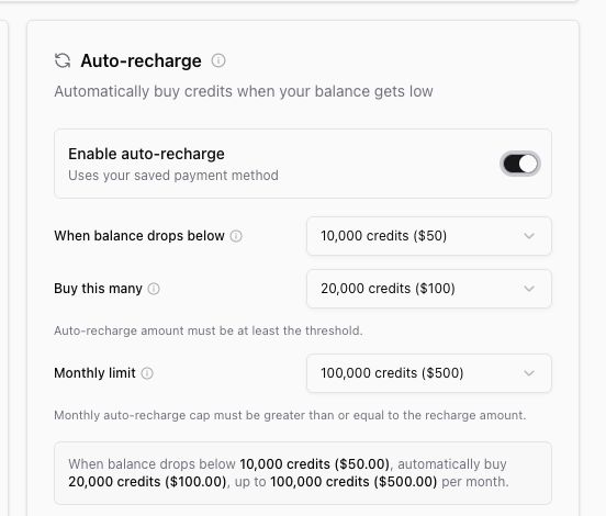 Auto-recharge settings controls for threshold, purchase amount, and monthly limit