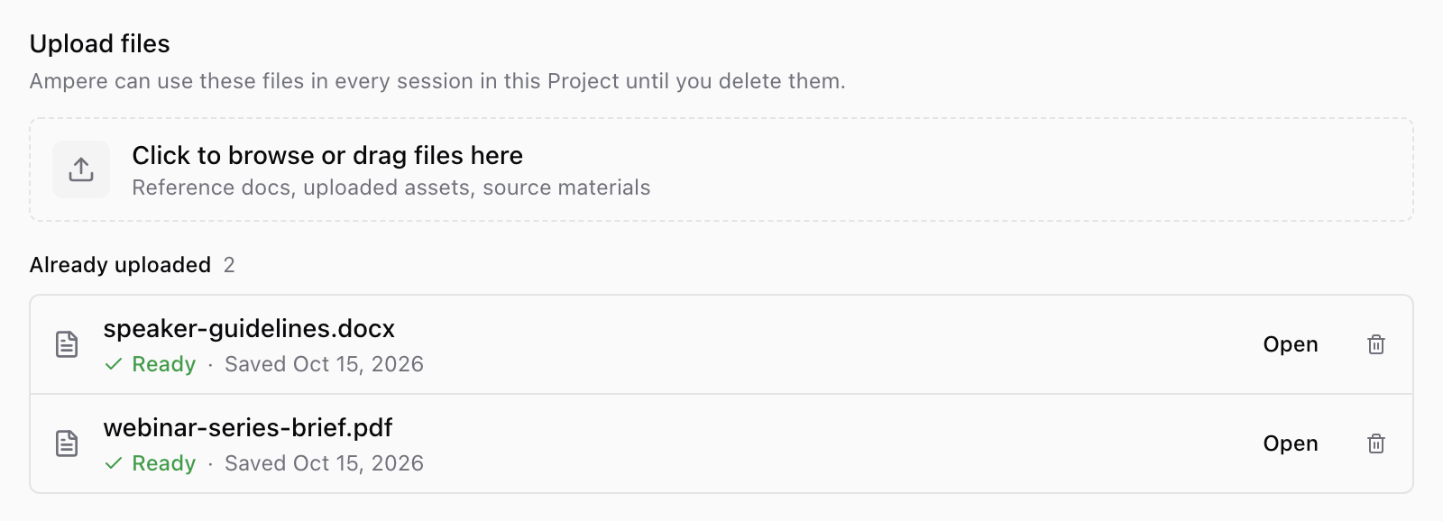 Already uploaded list with speaker-guidelines.docx and webinar-series-brief.pdf. Each file shows Ready, the date it was saved, an Open button, and a delete button.