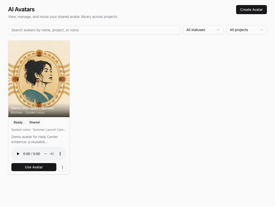 AI Avatars library showing a ready demo avatar card with search filters and the Use Avatar action.