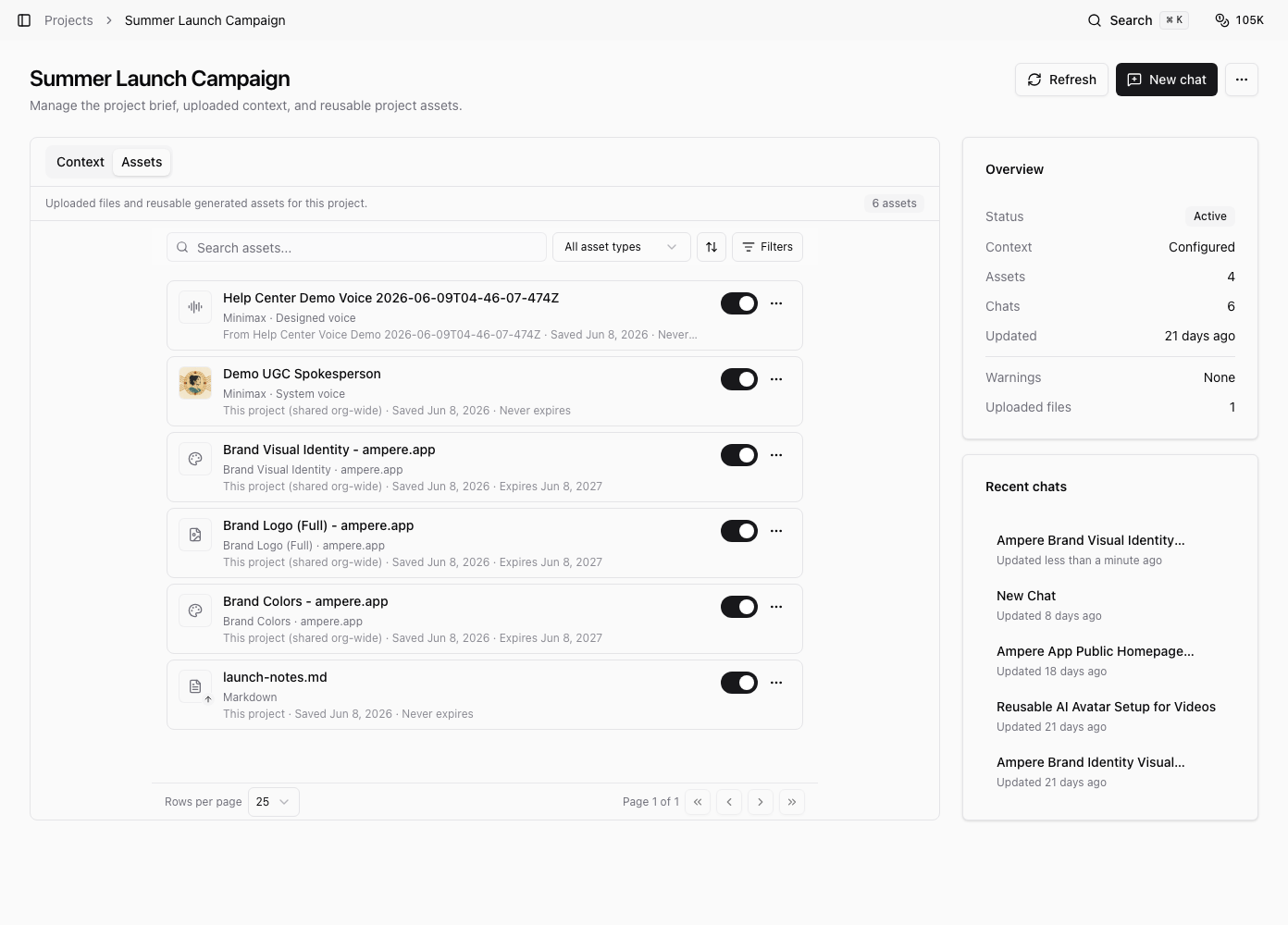 Project Assets list showing multiple reusable brand assets, asset kinds, shared-org labels, and expiry dates.