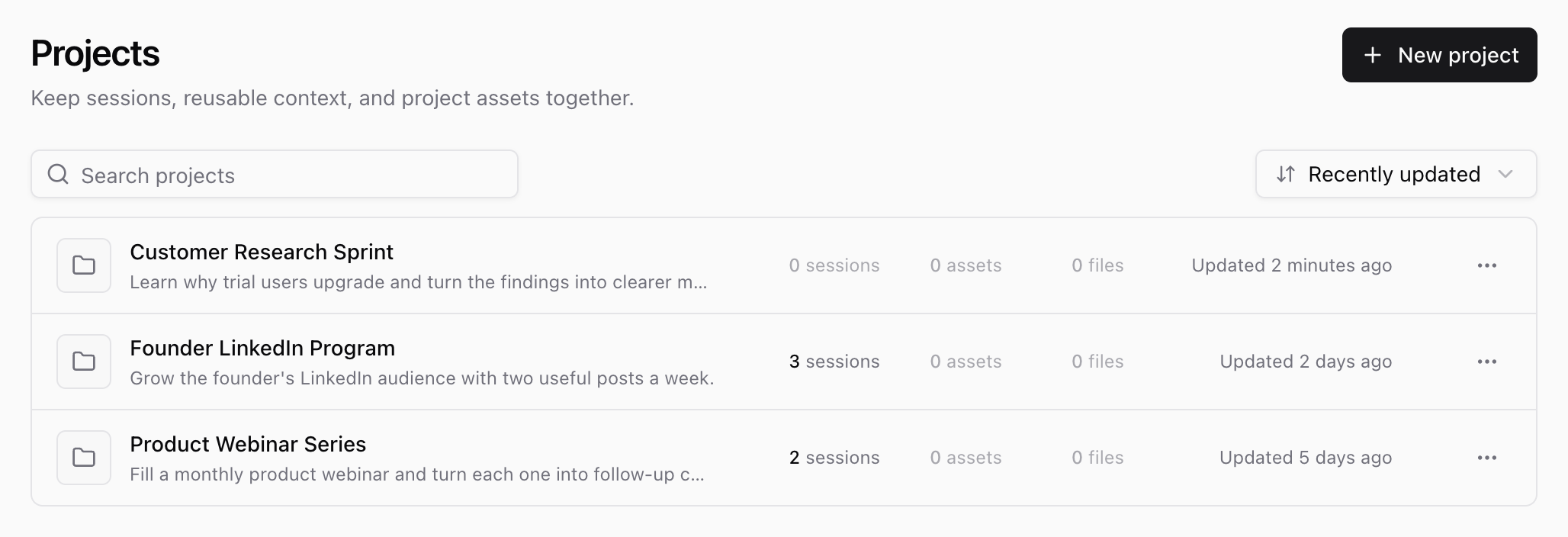 Projects page with the New project button, the Search projects box, the Recently updated sort menu, and three projects. Each row shows the project name, the start of its project context, session, asset, and file counts, when it was last updated, and a More options button.