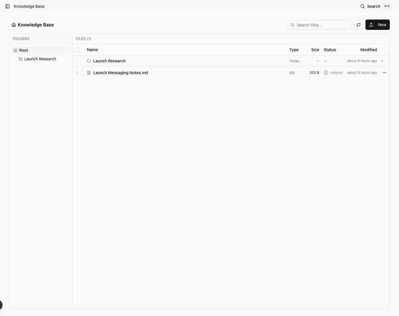 Knowledge Base page with a Launch Research folder and indexed Launch Messaging Notes document