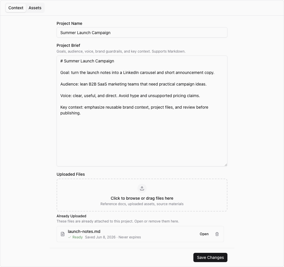 Project detail page with a saved project brief and an uploaded launch-notes file