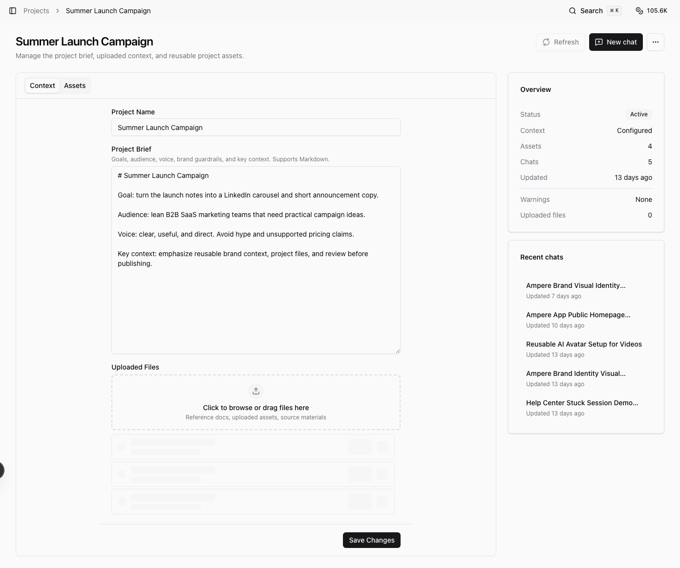 Project Uploaded Files area with a launch-notes markdown file saved