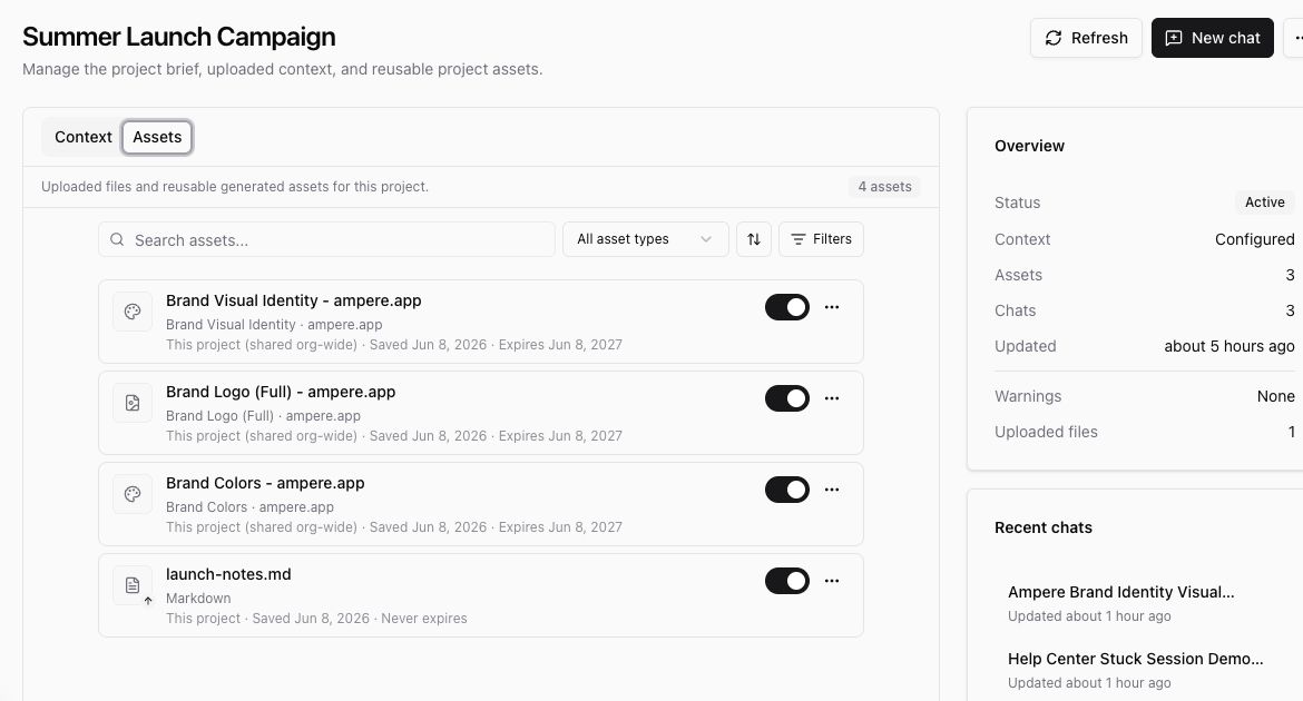 Project Assets tab with Brand Visual Identity, Brand Logo, Brand Colors, and a launch notes file.
