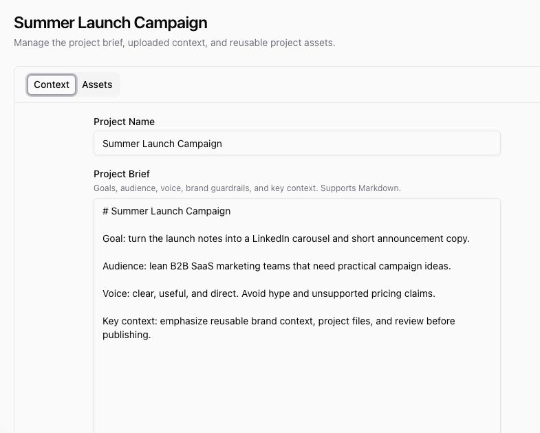 Project Context tab with a filled Summer Launch Campaign project brief.