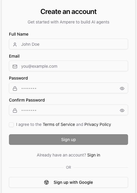 Ampere signup form with account fields and legal consent checkbox