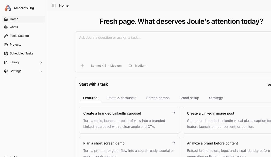 Ampere Home with the sidebar navigation, Joule composer, and starter task cards.