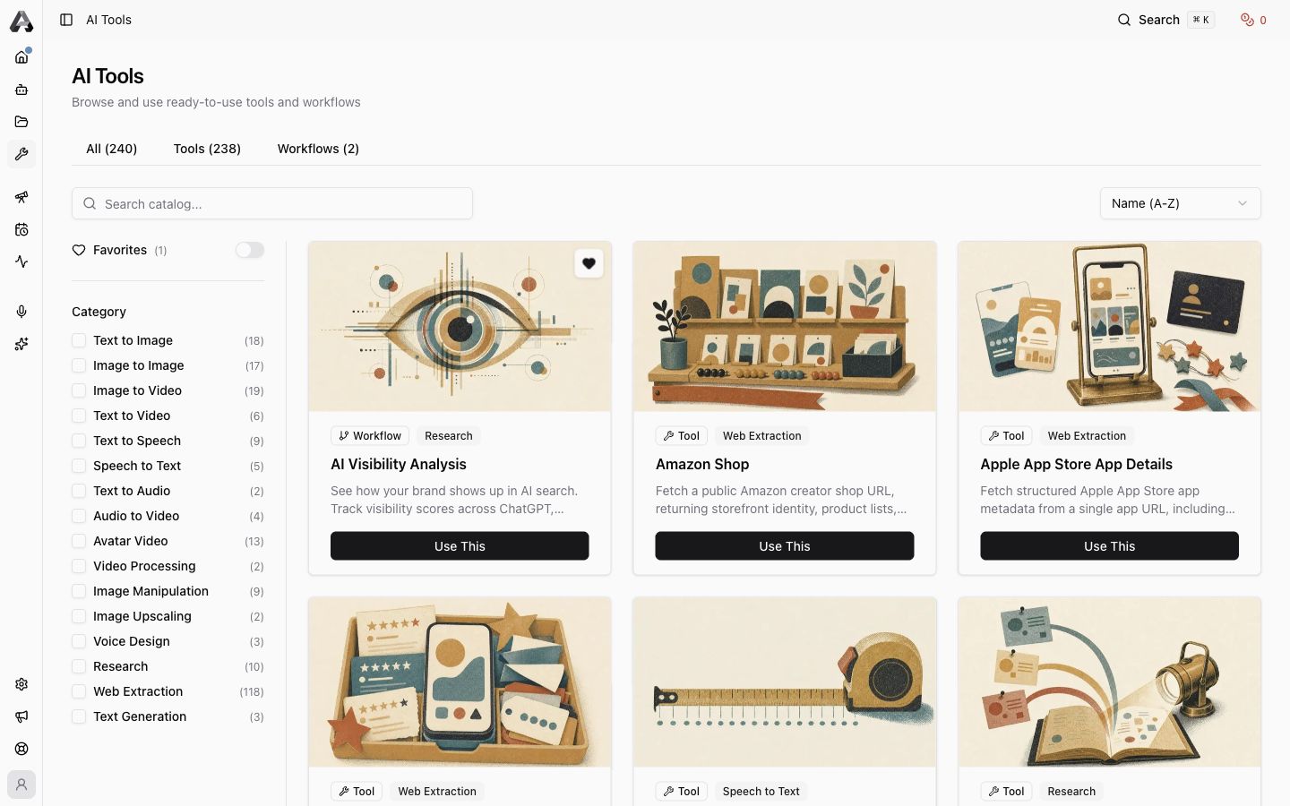 AI Tools catalog screen with search, category filters, and marketing tool cards