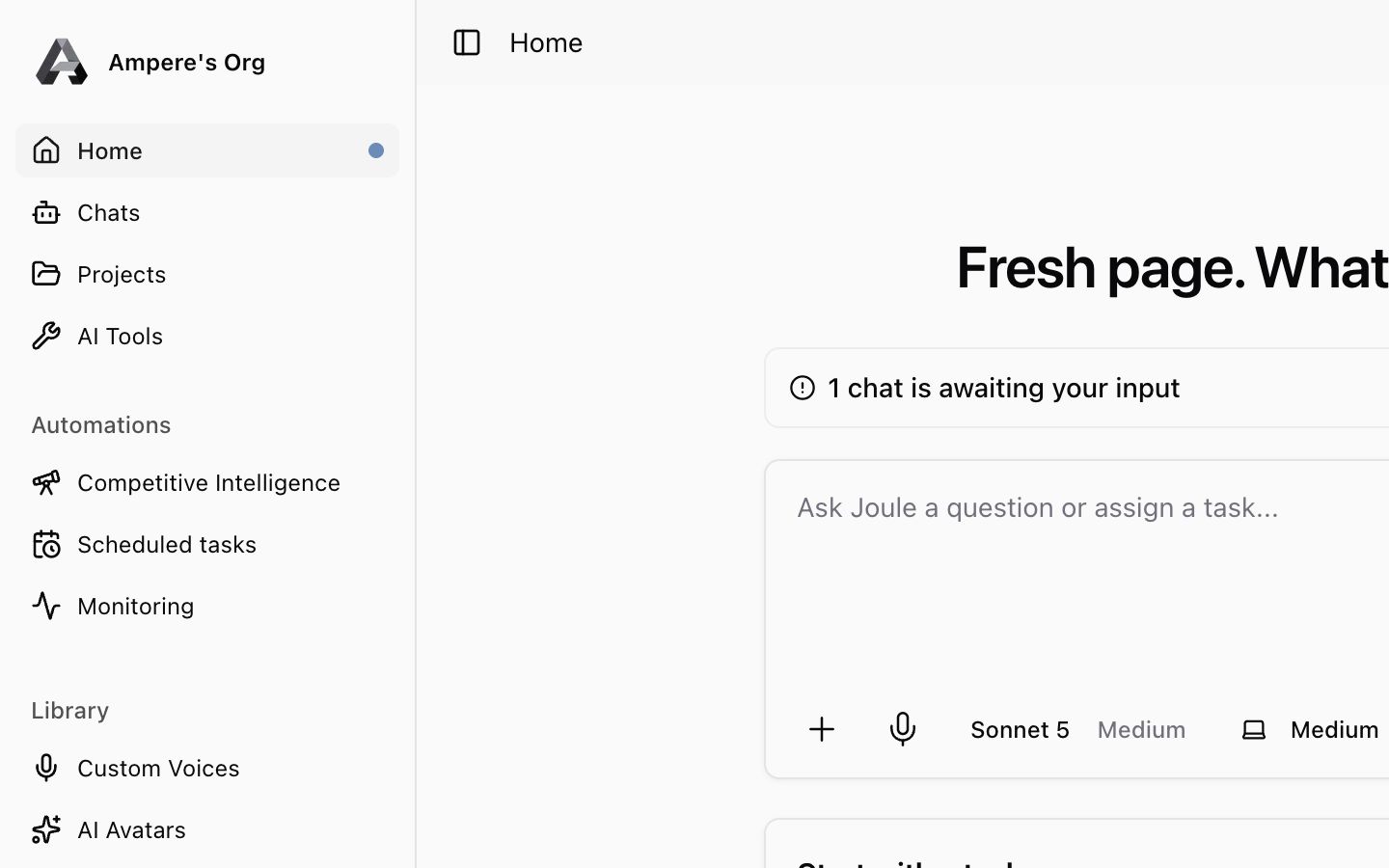 Joule home screen with a prompt composer and starter tasks for common marketing work