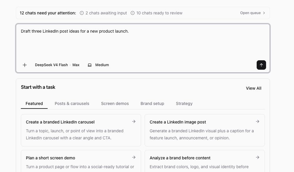 Ampere Home composer with a sample launch-content prompt and starter task cards