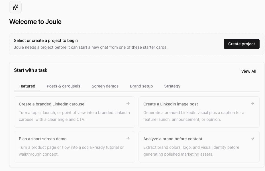 Joule workspace welcome screen with project selection and starter task cards