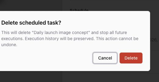 Delete scheduled task confirmation dialog explaining future executions stop and history is preserved