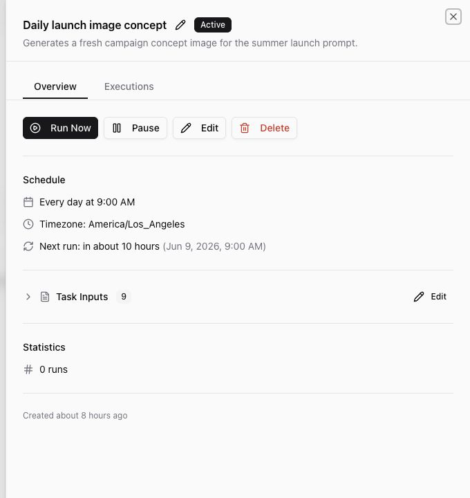 Scheduled task detail sheet showing Run Now, Pause, Edit, and Delete controls