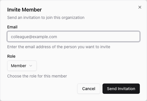 Invite Member dialog with email field, role selector, and Send Invitation button.