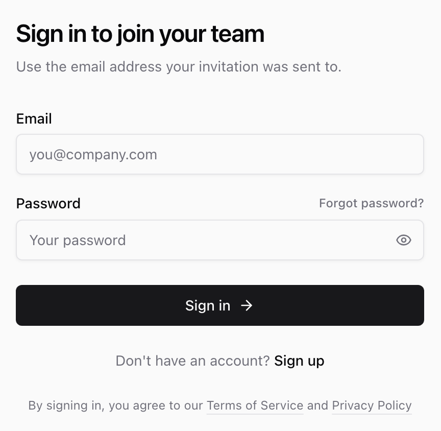 Sign-in page titled Sign in to join your team, asking for the email address the invitation was sent to, with Email and Password fields, a Sign in button, and a Sign up link.