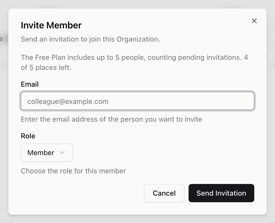 Invite Member dialog with a Free Plan note saying 4 of 5 places are left, an empty Email field, a Role menu set to Member, and Cancel and Send Invitation buttons.