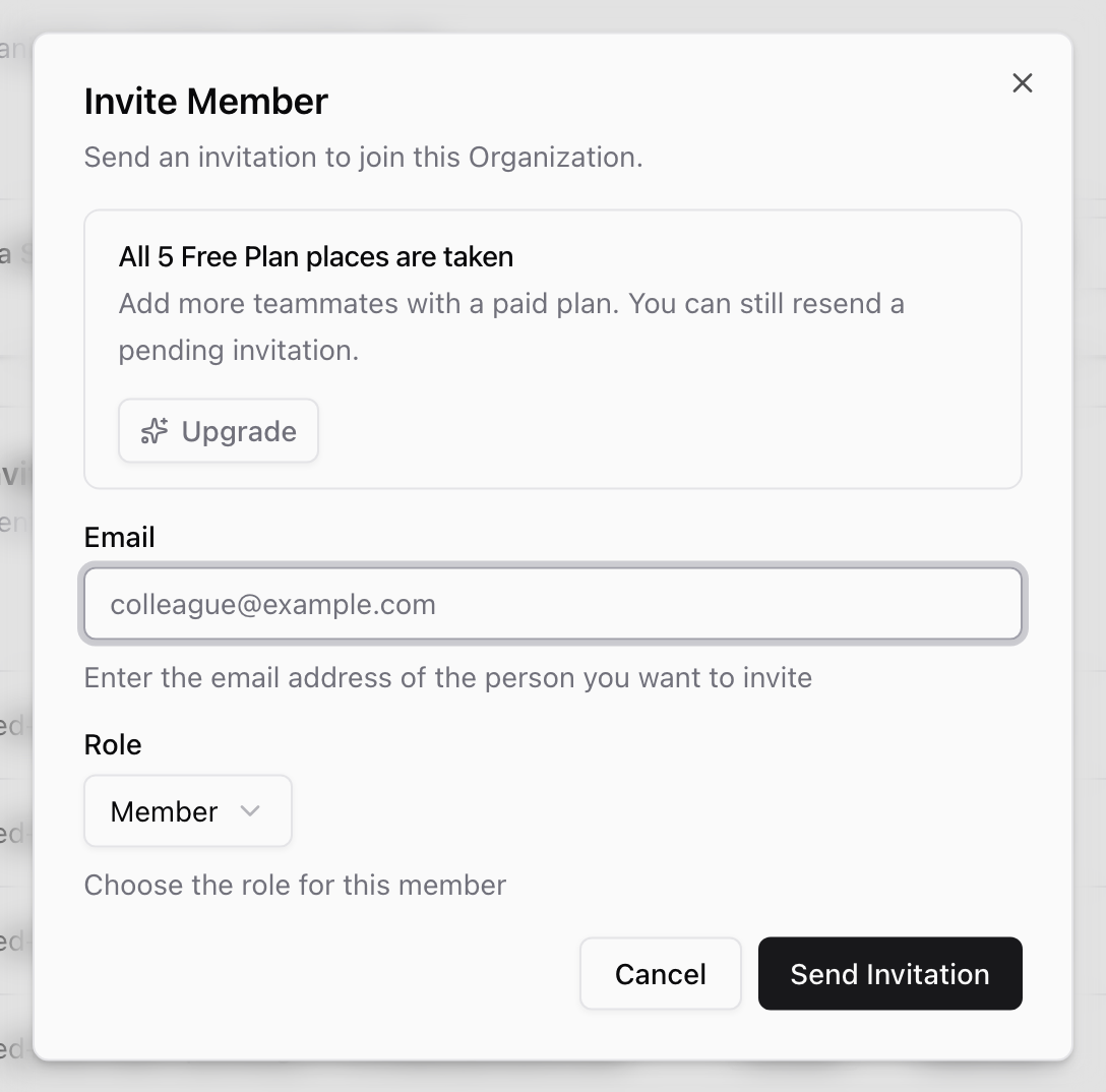 Invite Member dialog with a notice that all 5 Free Plan places are taken, an Upgrade button, and the Email and Role fields below it.
