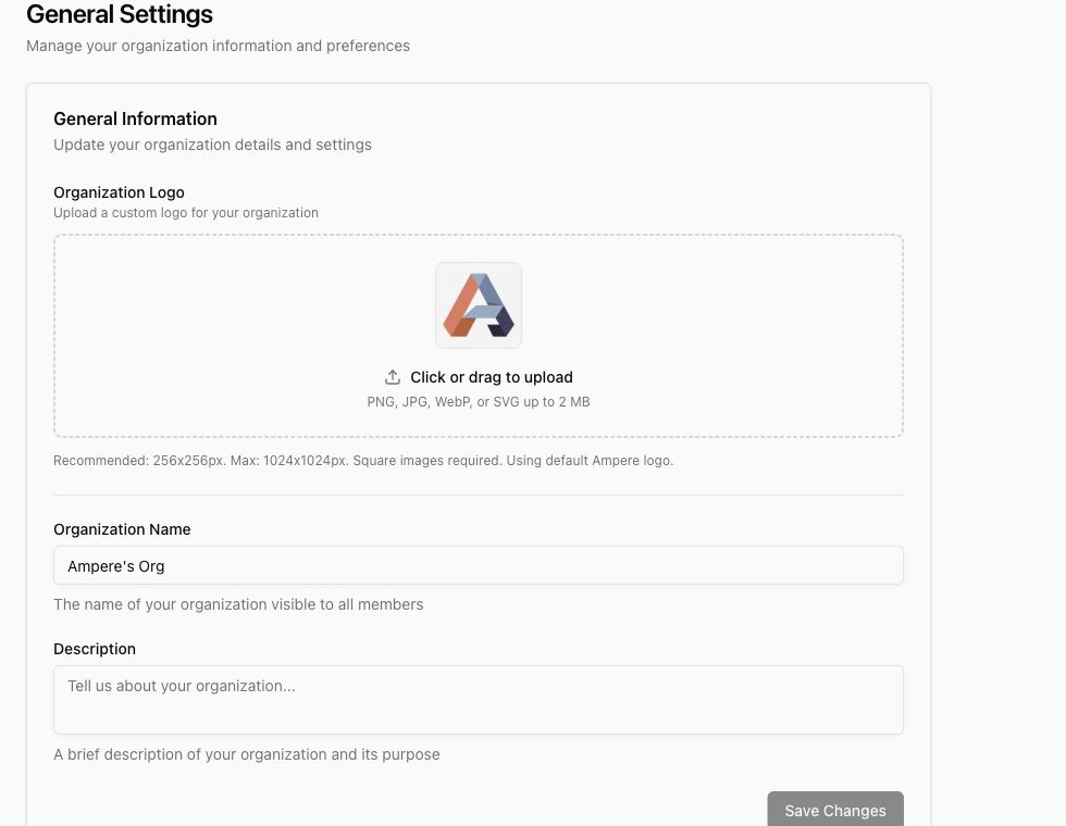 Organization General Settings form with logo upload, organization name, description, and Save Changes.