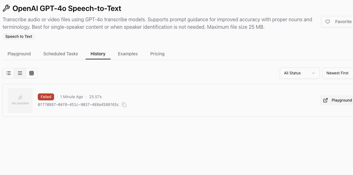 AI Tool History showing a failed OpenAI GPT-4o Speech-to-Text run with its timestamp, duration, and execution ID.