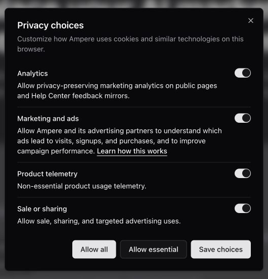 Privacy choices dialog showing Marketing and ads controls and the Learn how this works link.
