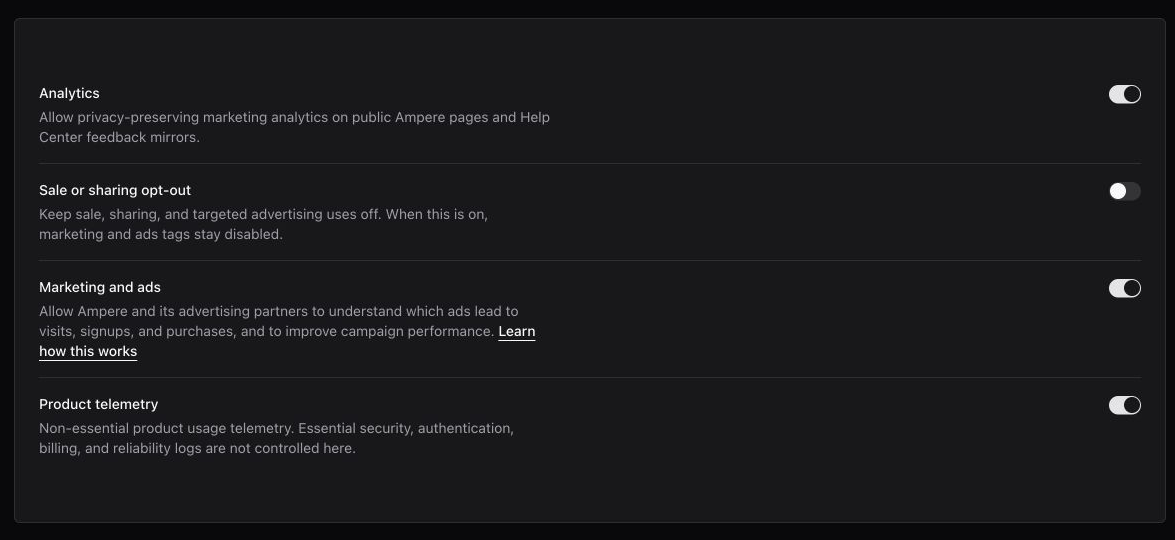 Account Privacy settings showing four provider-neutral controls and the Learn how this works link.