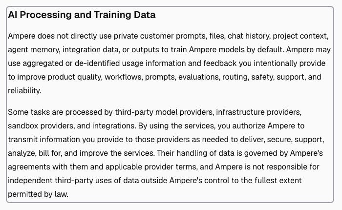 Privacy Policy section titled AI Processing and Training Data.
