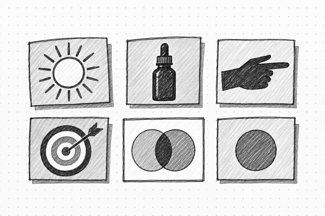 Pencil sketch of a grid of small framed creative variations