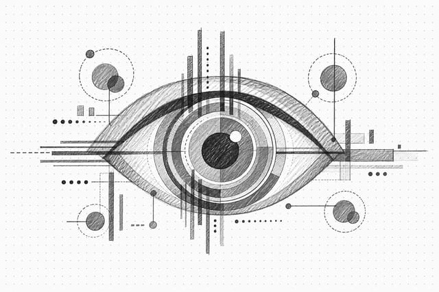 Pencil sketch of an analytical eye composed of nested data rings