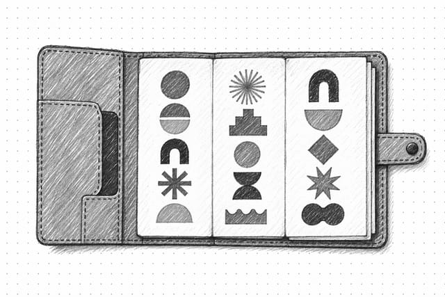 Pencil sketch of an open planner of simple symbols, representing a strategic brief