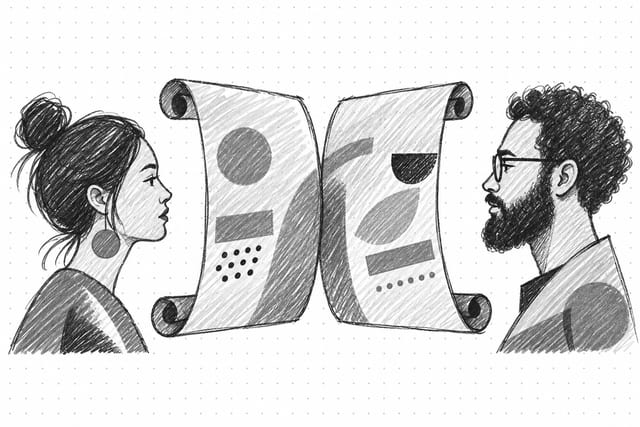Pencil sketch of two people in conversation, representing creator-style UGC video