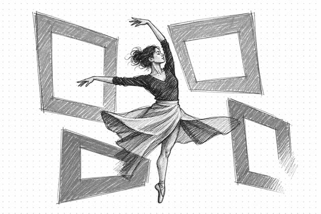 Pencil sketch of a dancer in motion among empty frames, representing an AI avatar video