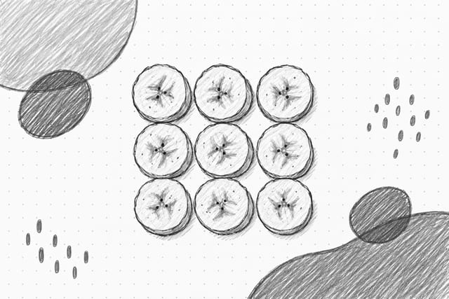 Pencil sketch of a neat grid of banana slices, representing AI image generation