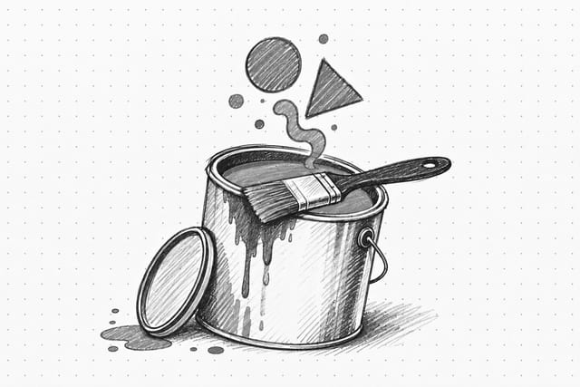 Pencil sketch of an open paint can and floating shapes, representing image editing