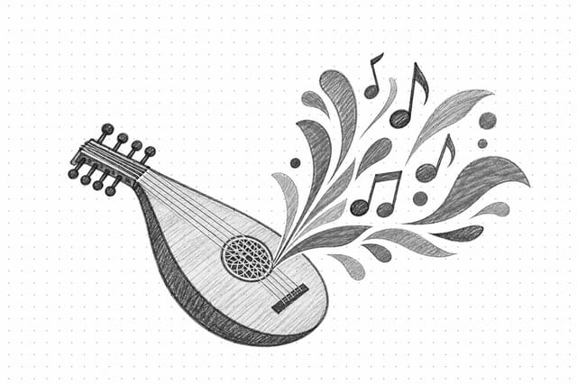 Pencil sketch of a stringed instrument with notes streaming out, representing AI music generation