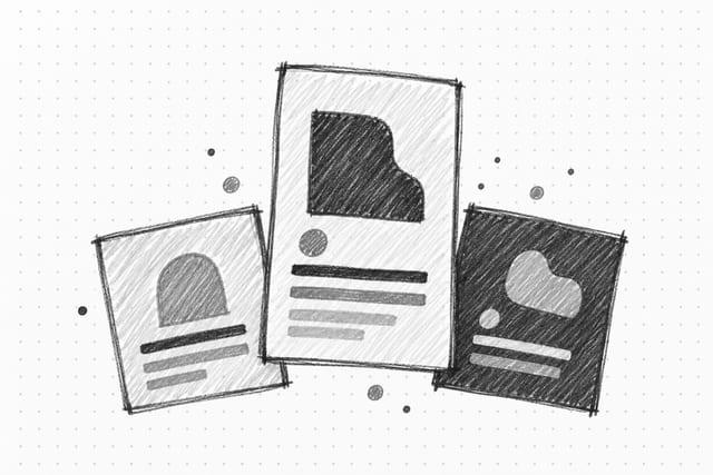 Pencil sketch of overlapping social feed cards with abstract content lines