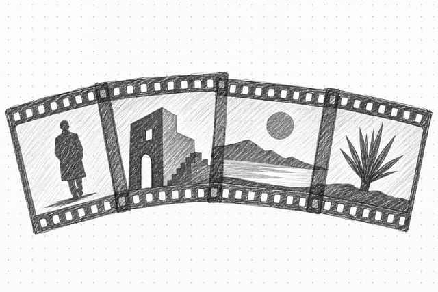 Pencil sketch of a strip of overlapping film frames