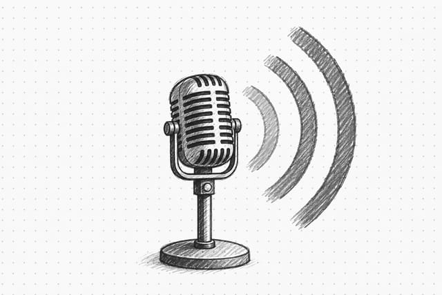 Pencil sketch of a vintage studio microphone with sound waves